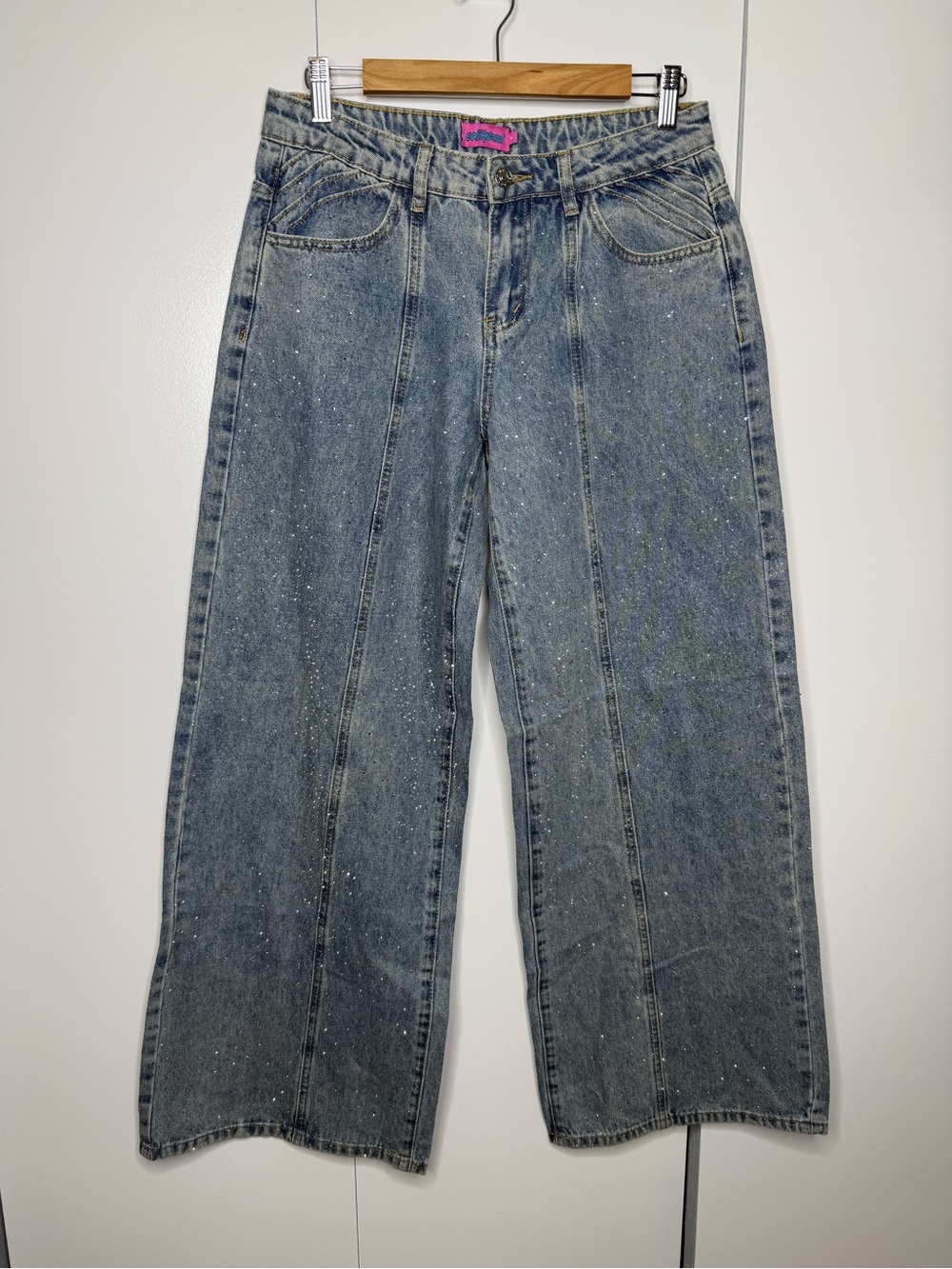 Edikted Wide-Leg Sparkle Rhinestone Blue Women's Low Rise Jeans Small